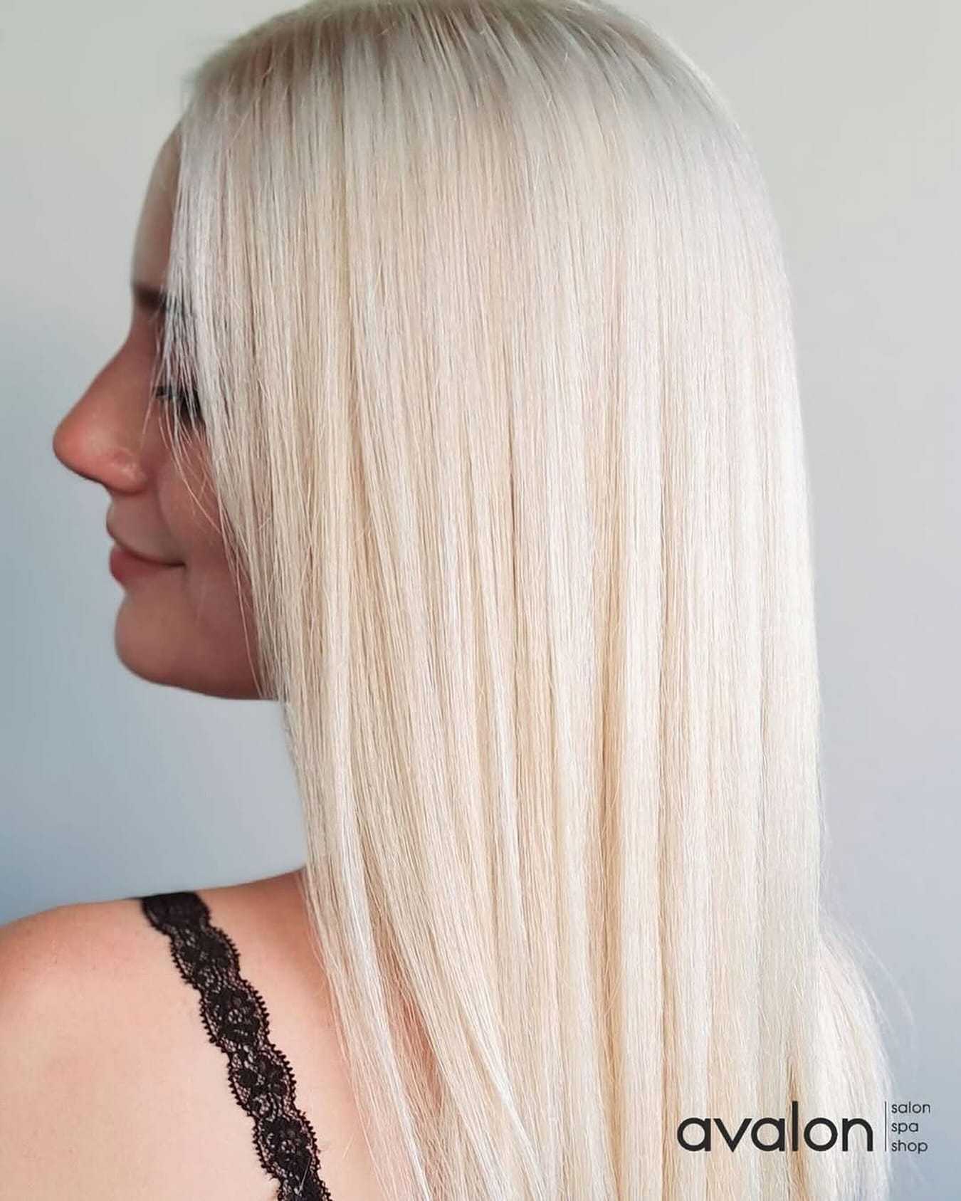 Blonde woman with straight hair in profile, wearing a black lace strap. Avalon logo in corner.
